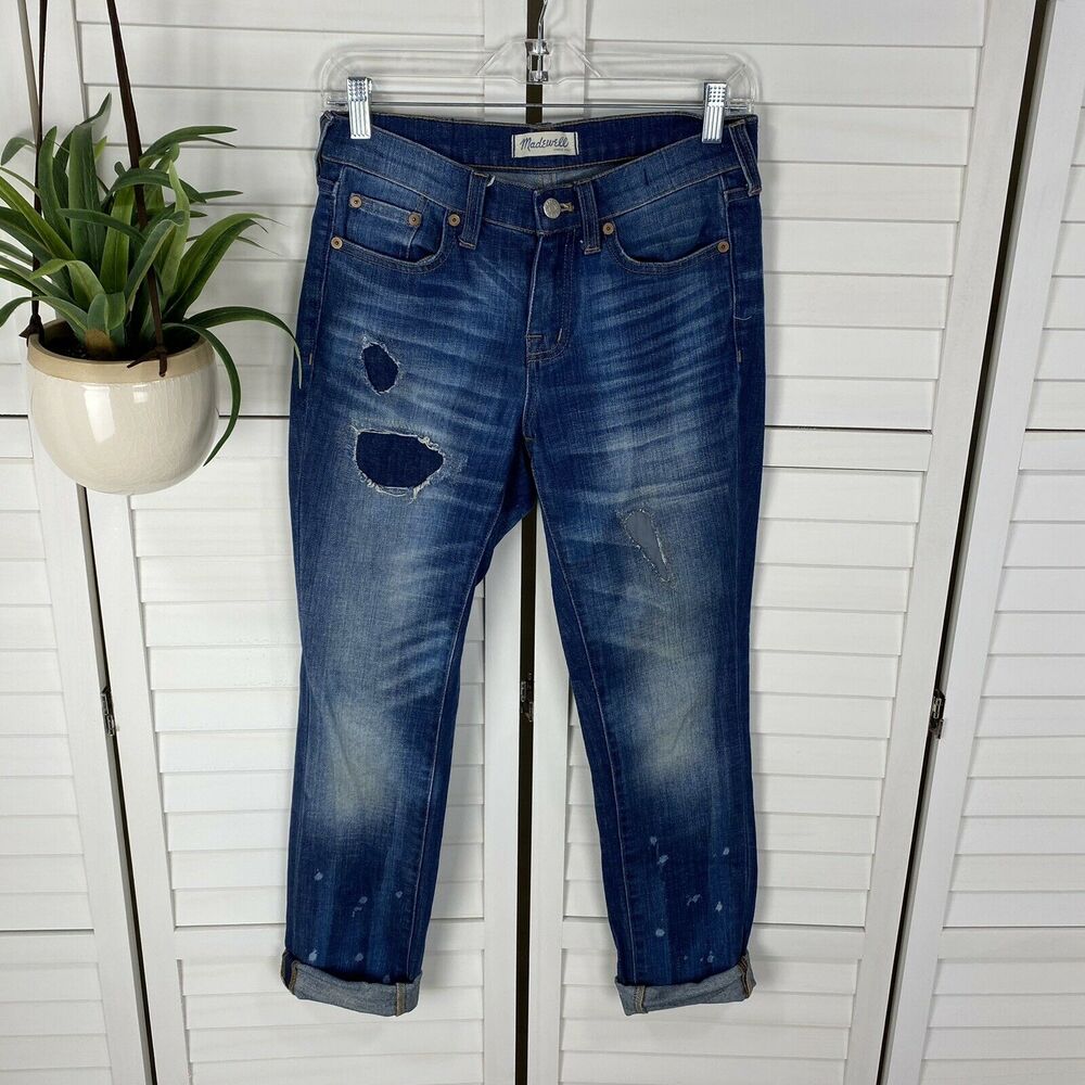 Madewell Slim Boyjean Rip and Repair Edition Distressed Bleach Stains Size 24